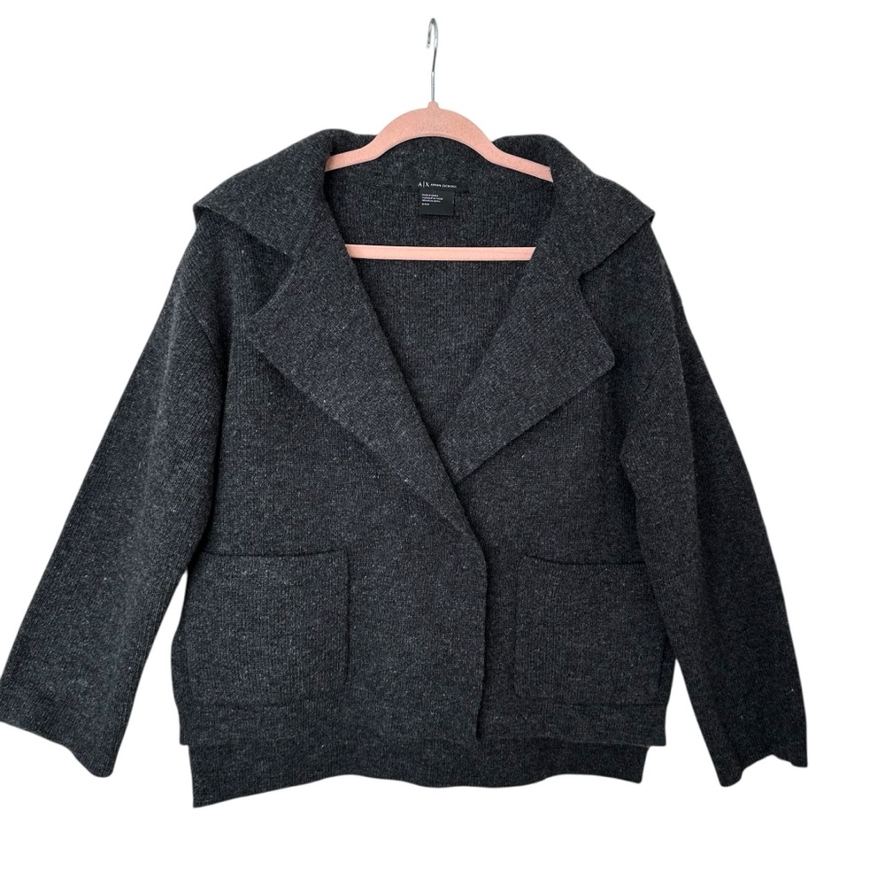 ARMANI EXCHANGE Merino Wool Hooded Knit Cardigan Jacket Blazer Gray Boxy Small